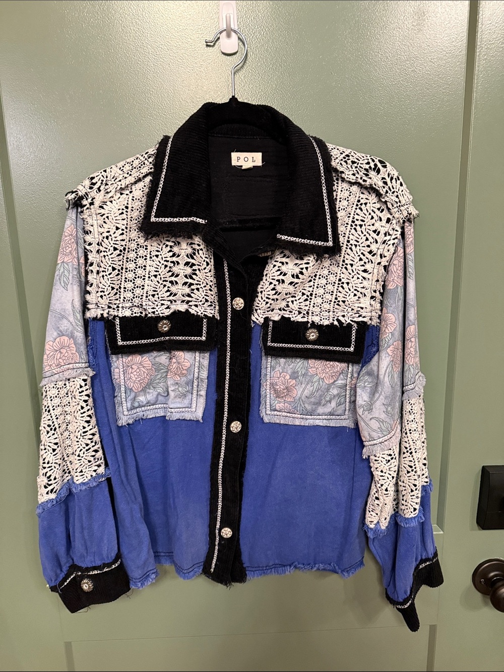 POL Blue and Cream Crochet Mixed-Media Button Jacket